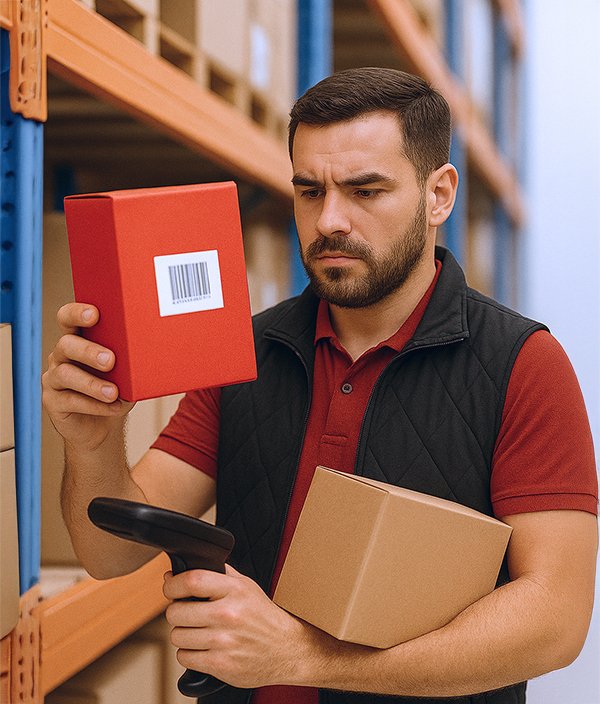 Warehouse worker scanning a large red product box while holding another parcel in a well-organised fulfilment centre.