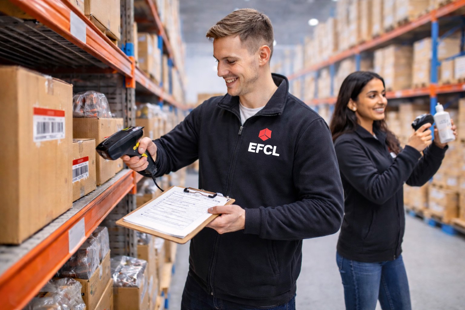 EFCL staff scanning and packing ecommerce orders in a fulfilment centre warehouse