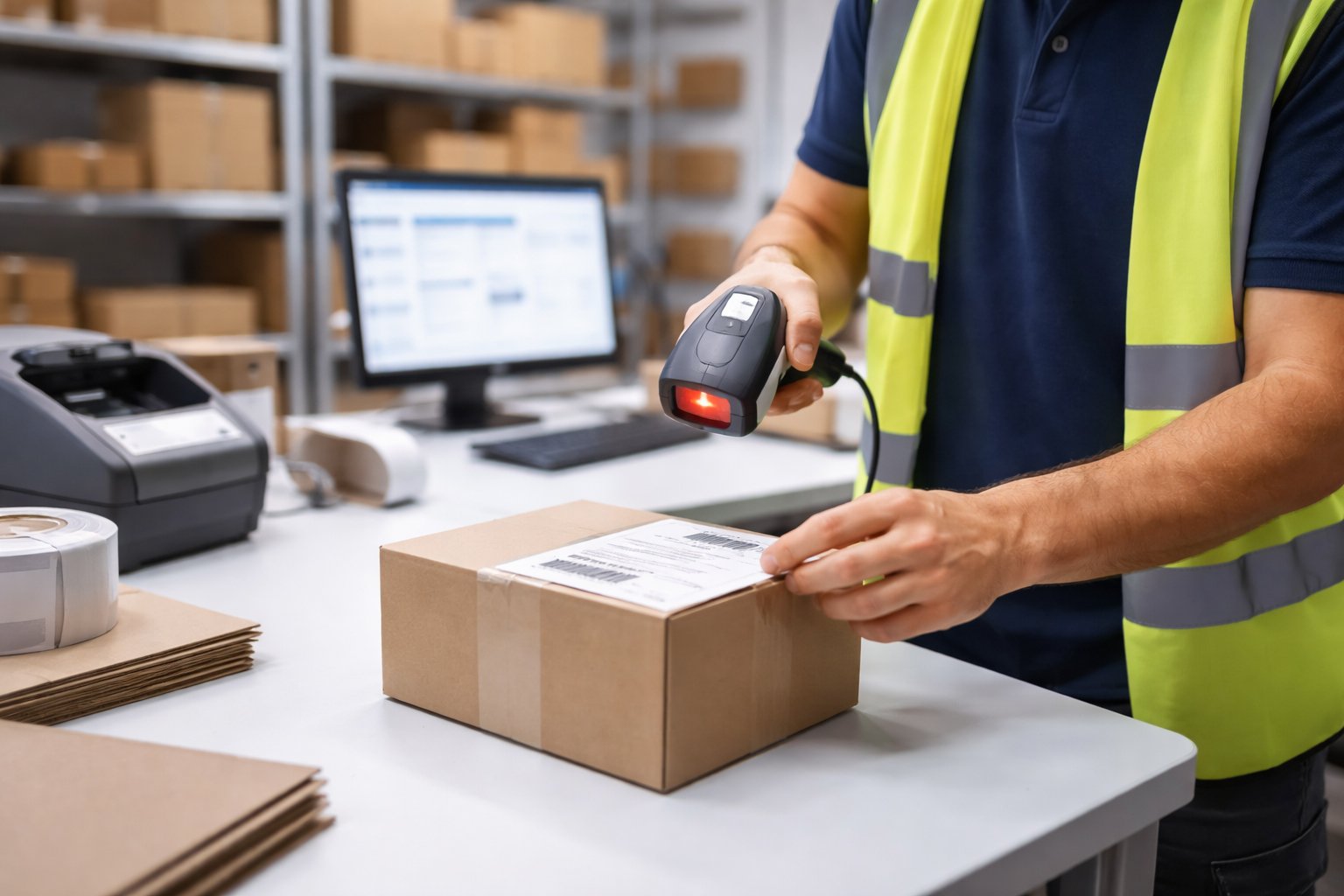 Labelling and barcoding for ecommerce fulfilment using a handheld barcode scanner at a packing station