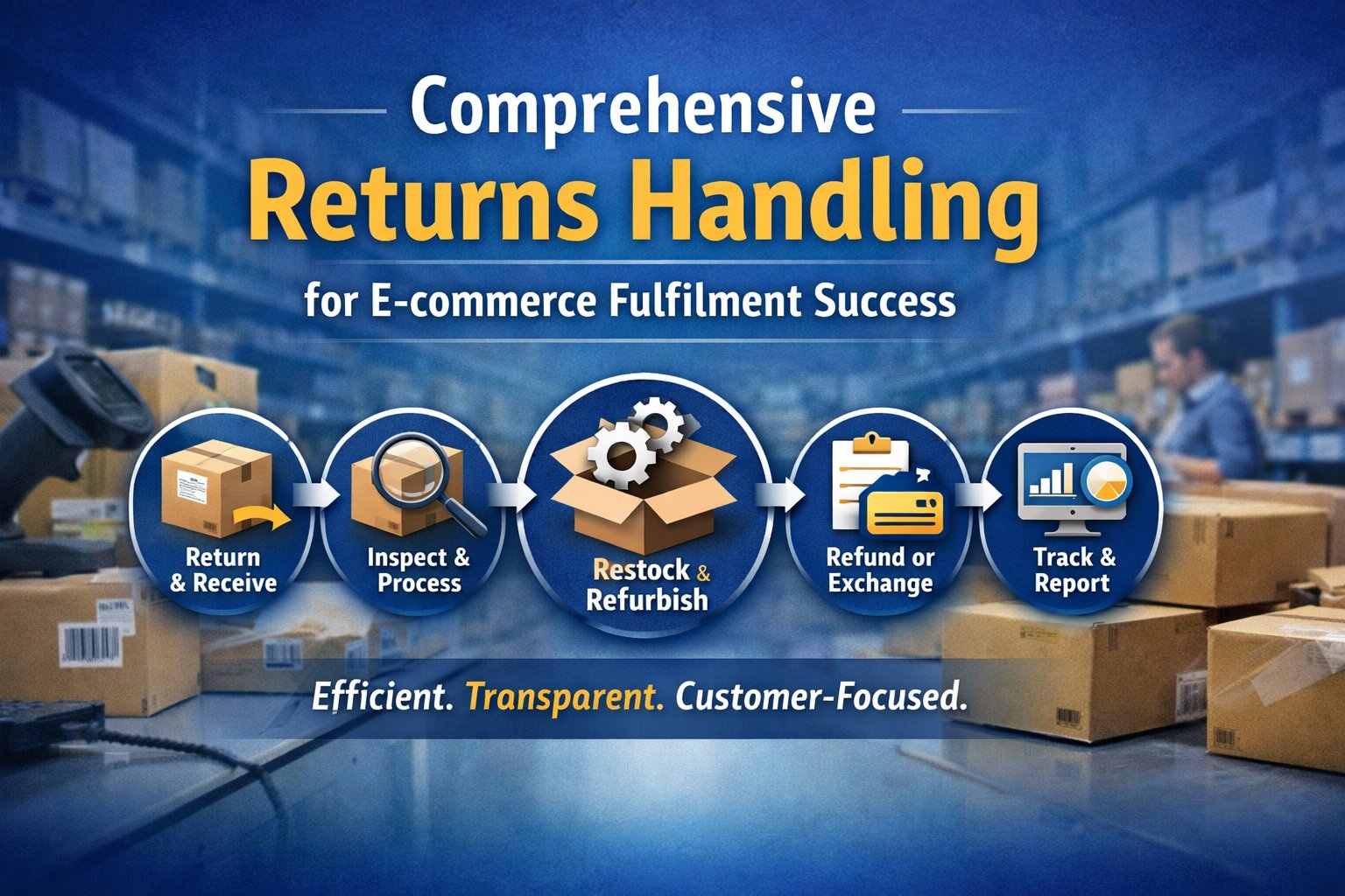 Ecommerce returns handling process showing inspection, restocking and refunds at Ecommerce Fulfilment Centre