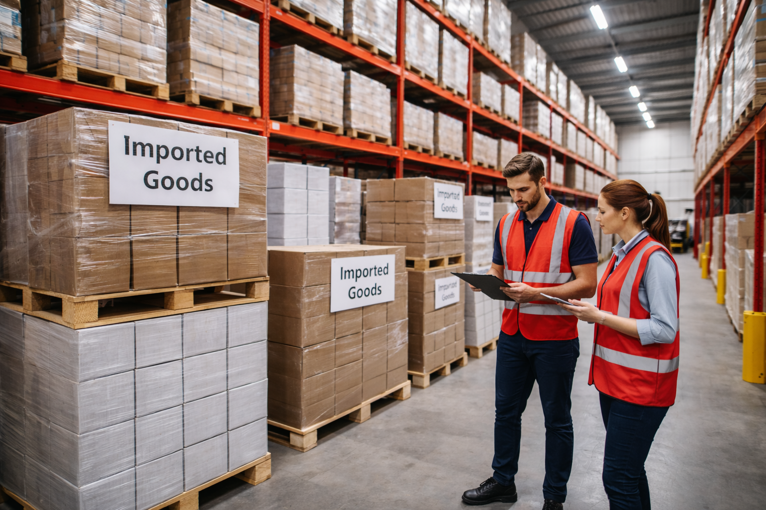 Warehouse team managing import storage and holding with red safety vests and palletised imported goods