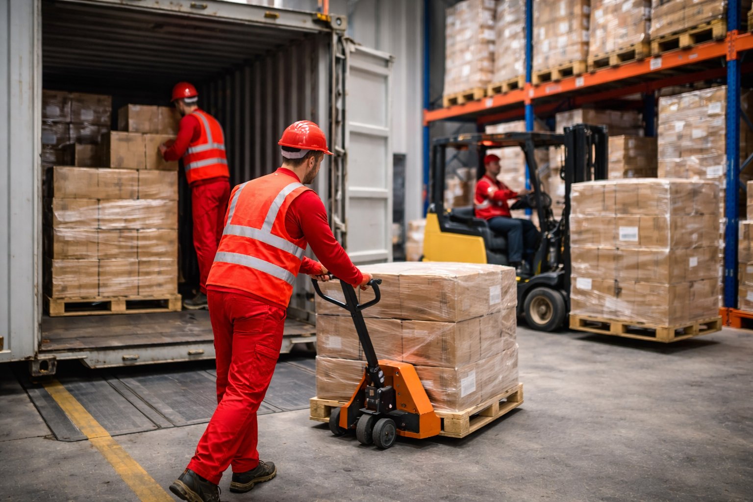 Warehouse container destuffing with workers unloading palletised goods from shipping container