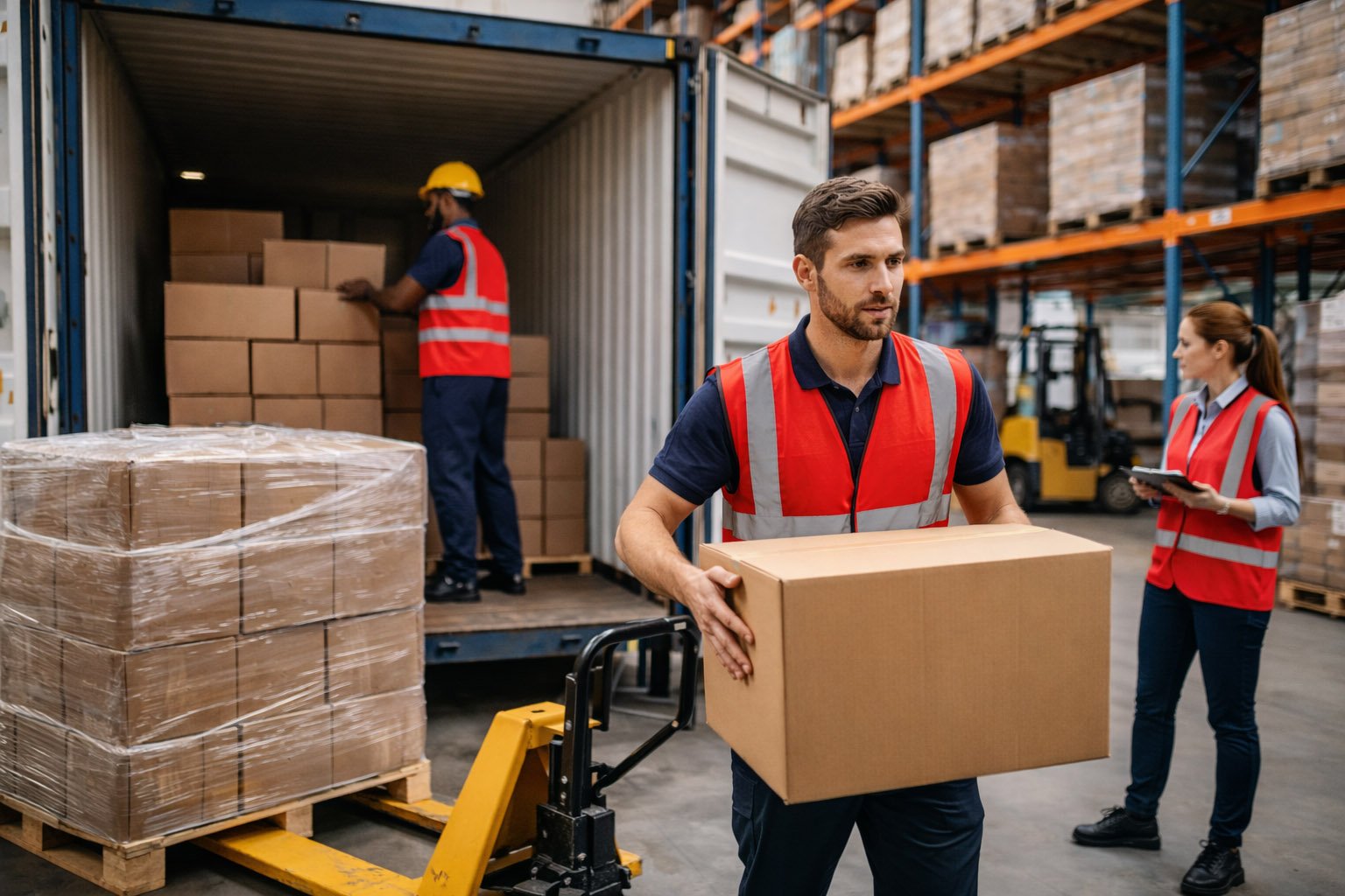 Warehouse workers unloading shipping container with red high-visibility vests and palletised freight