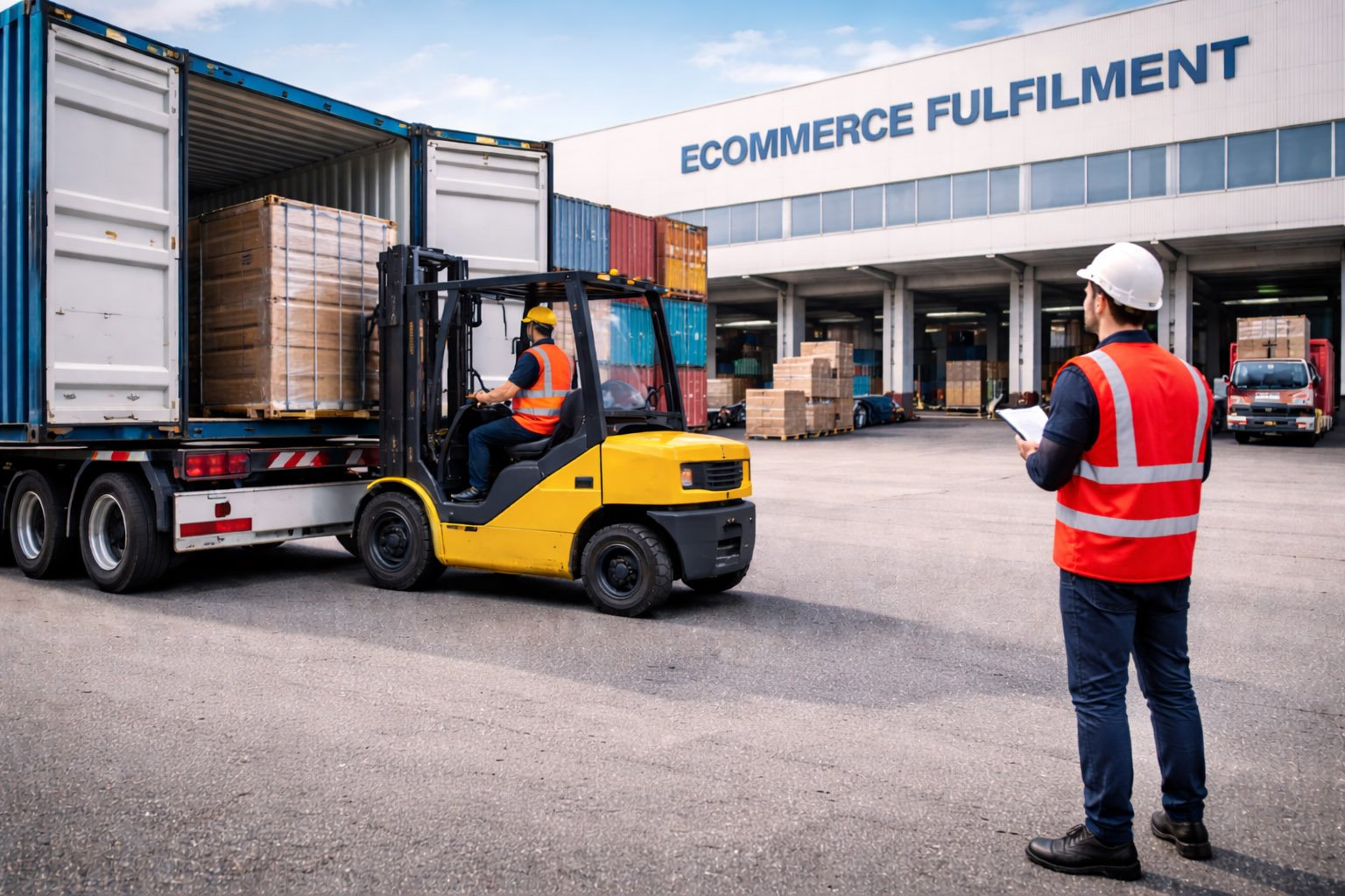 Container Transport for Ecommerce Fulfilment Centre Container transport operation outside ecommerce fulfilment centre with red safety vest and forklift unloading freight