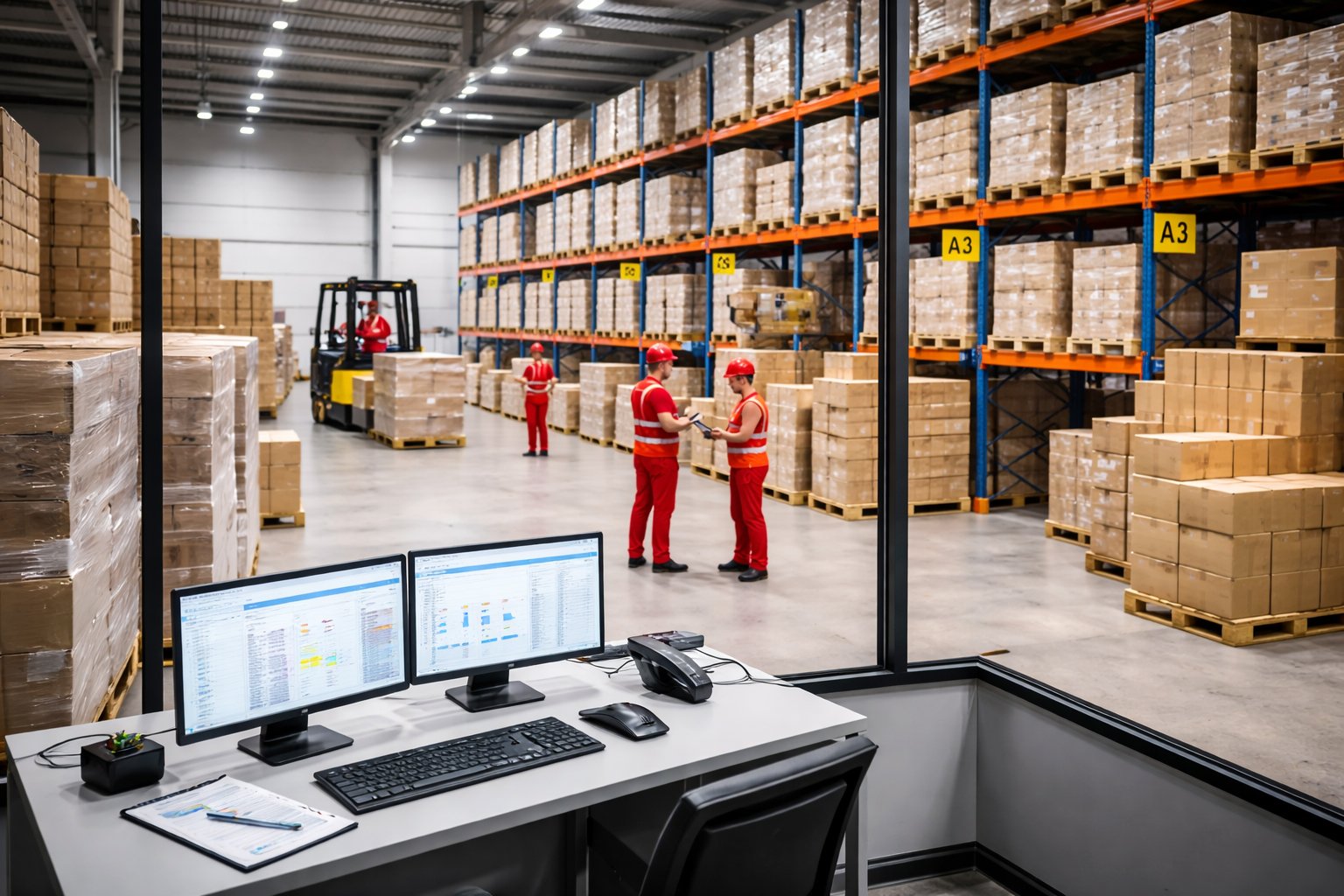 Contract warehousing facility with operations office overseeing warehouse activity