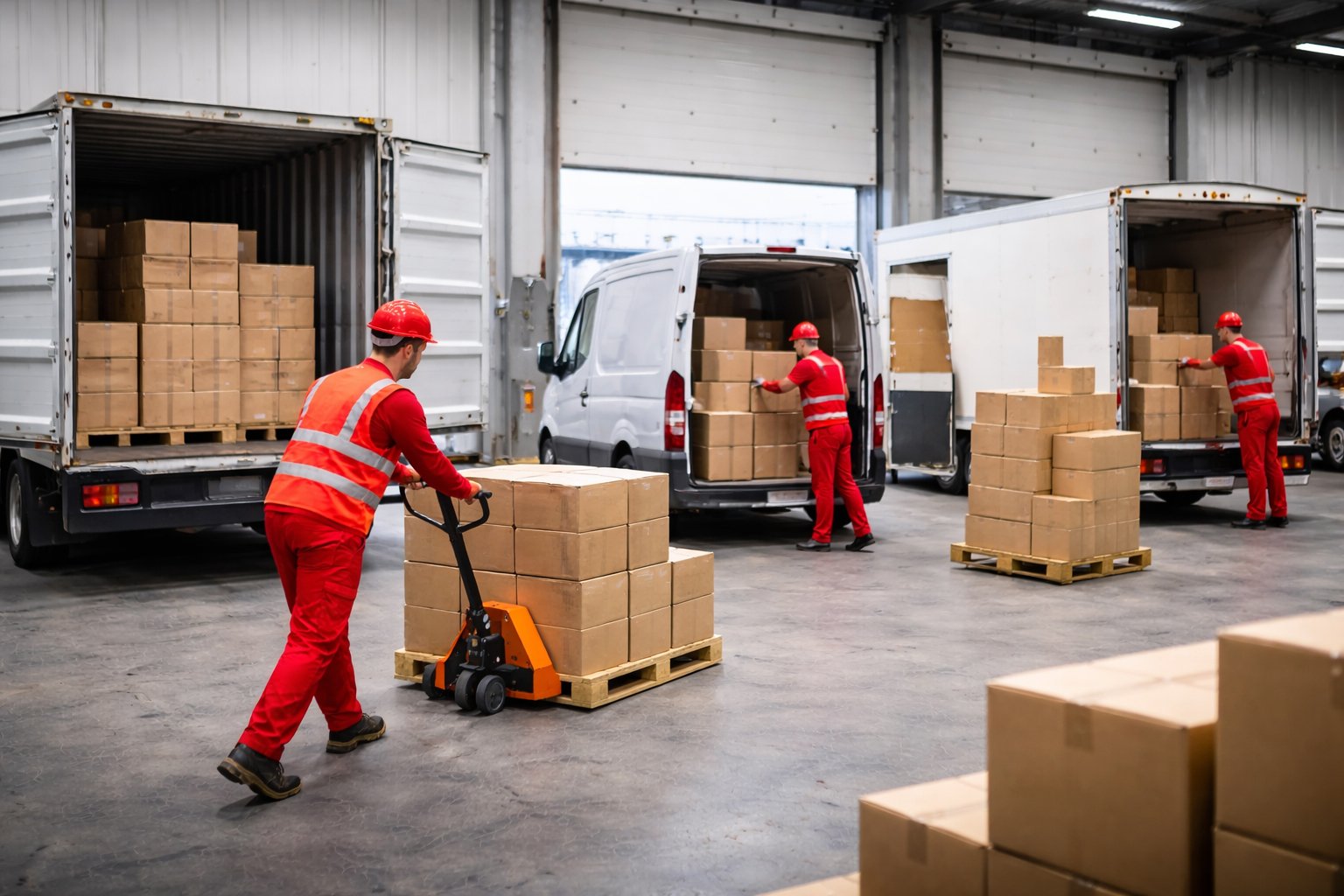General warehousing with workers loading cardboard boxes into delivery vehicles