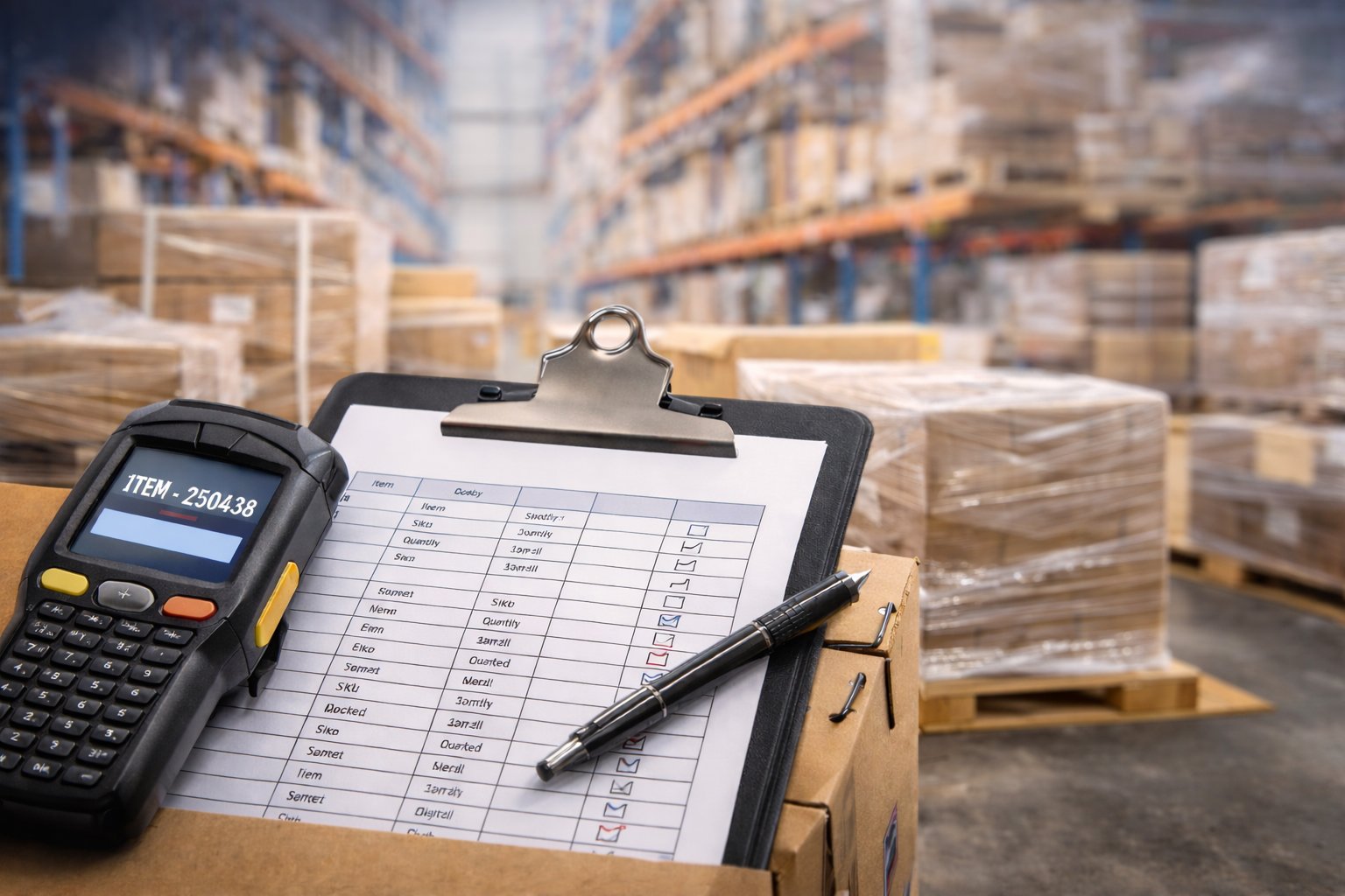 Warehouse inventory management with barcode scanning, palletised stock and inventory checklist