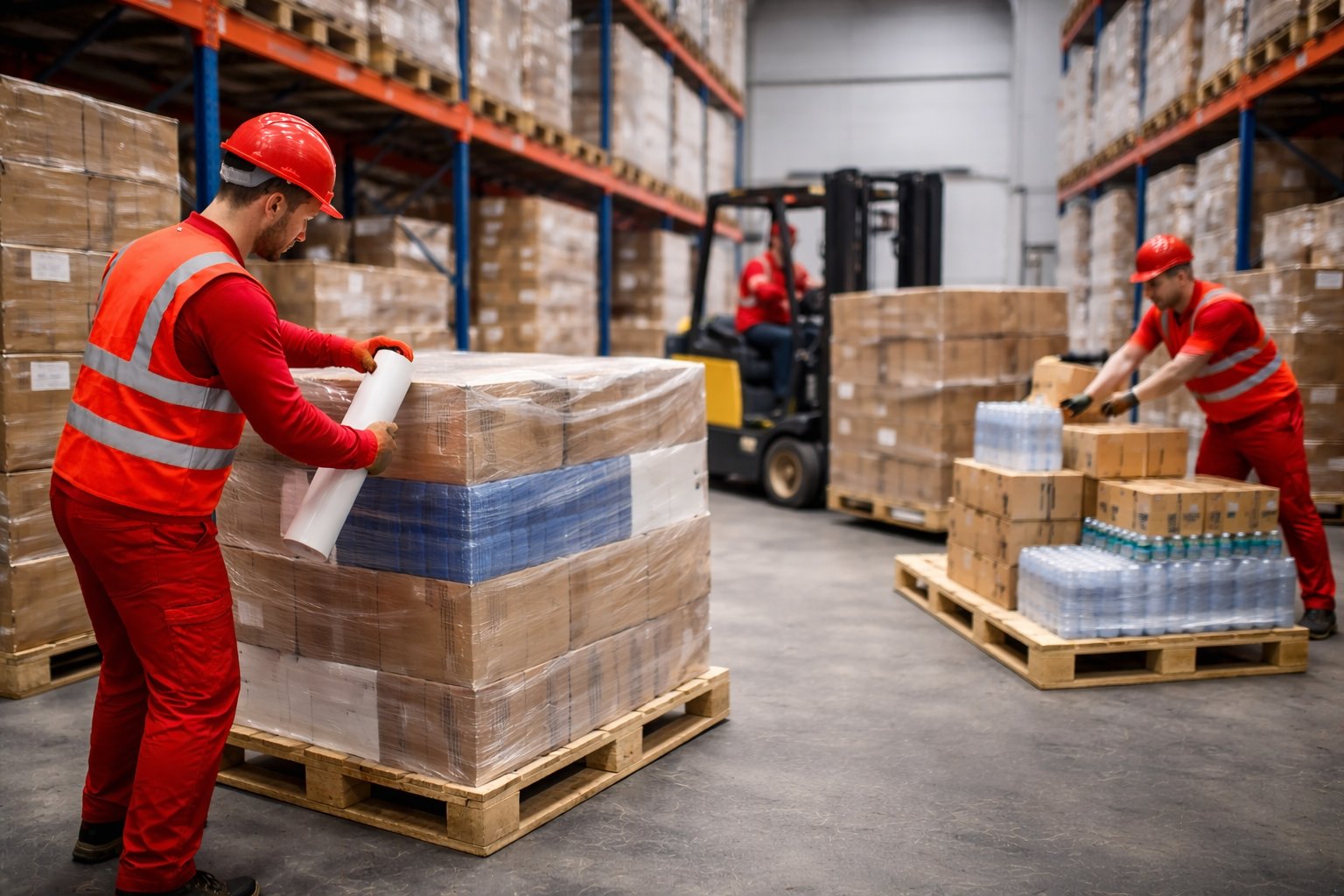 Warehouse pallet consolidation and deconsolidation with workers repalletising and wrapping goods