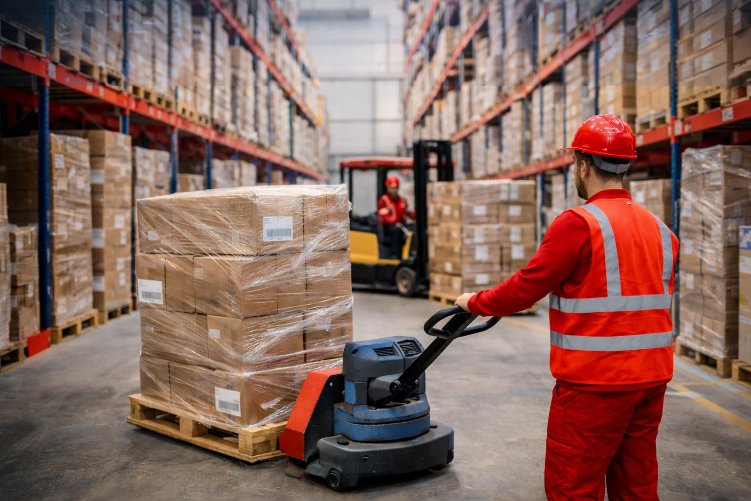 Warehouse pallet handling with workers moving palletised goods using pallet jack and forklift