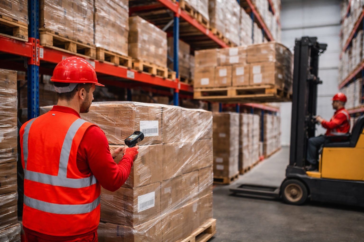Warehouse picking and retrieval of palletised goods using barcode scanning and forklift