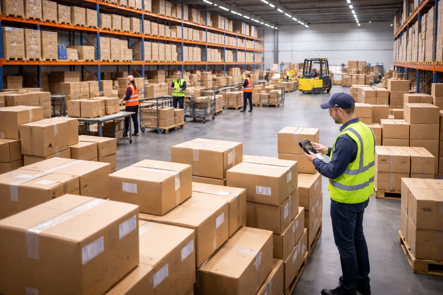 Shared user warehouse with cardboard box storage and inventory handling