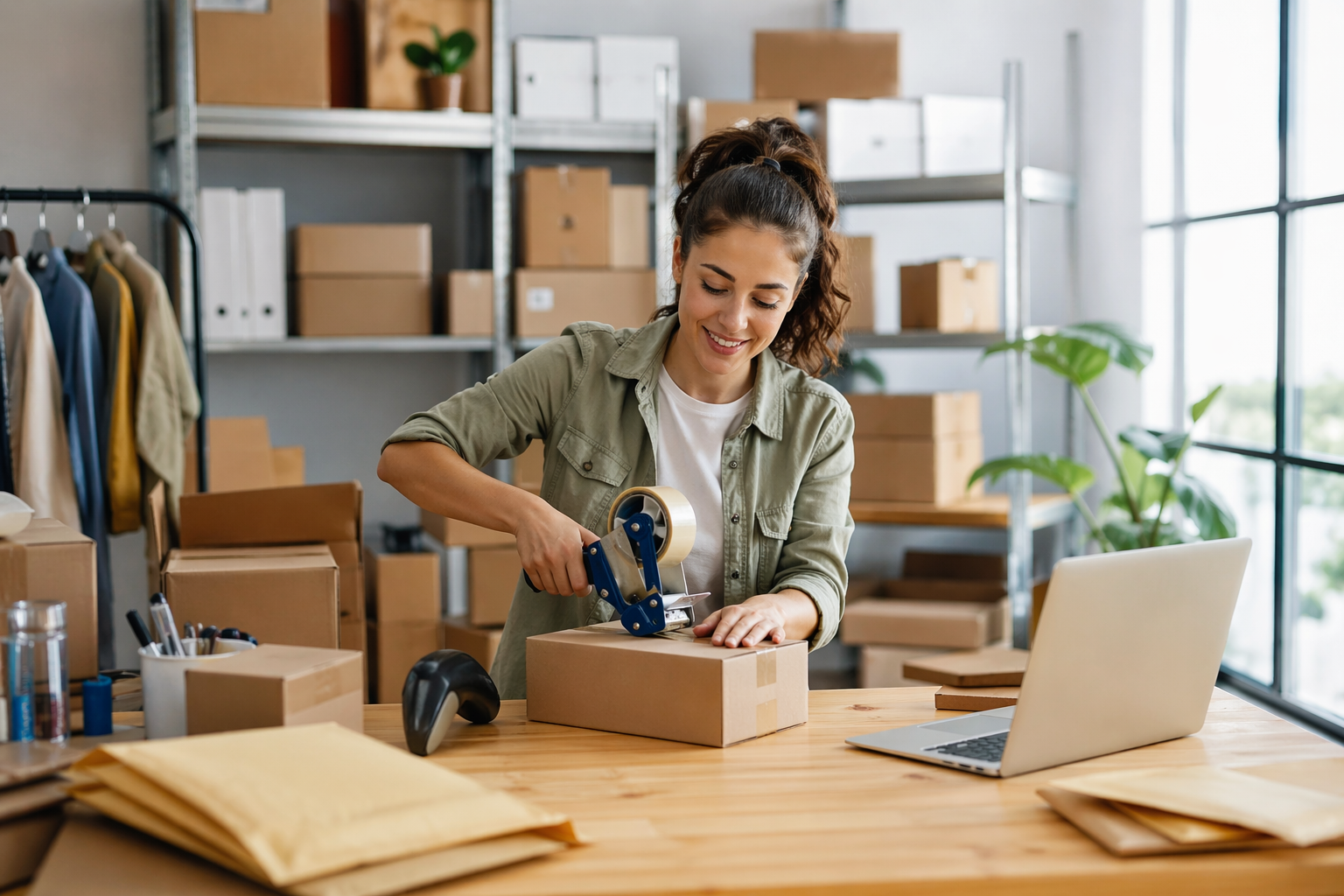 Woman packing a cardboard box at a bright modern workspace with shelves, parcels, and laptop in an eCommerce fulfilment setting.
