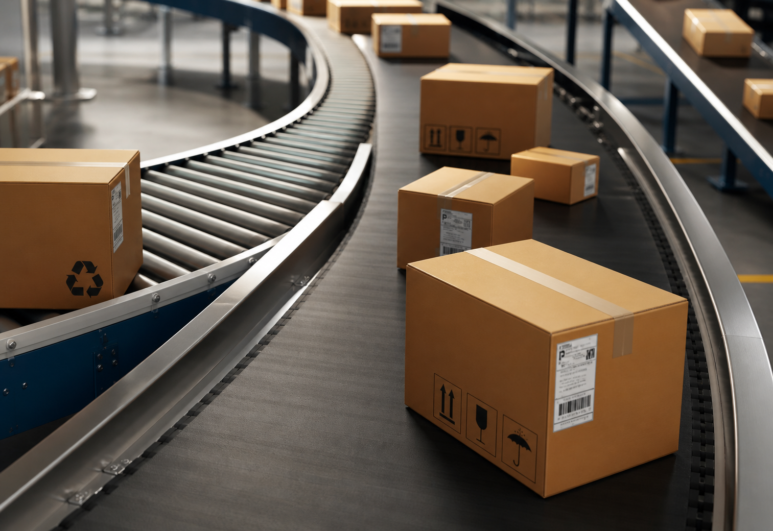Cardboard boxes moving along a curved conveyor belt in a modern warehouse fulfilment centre