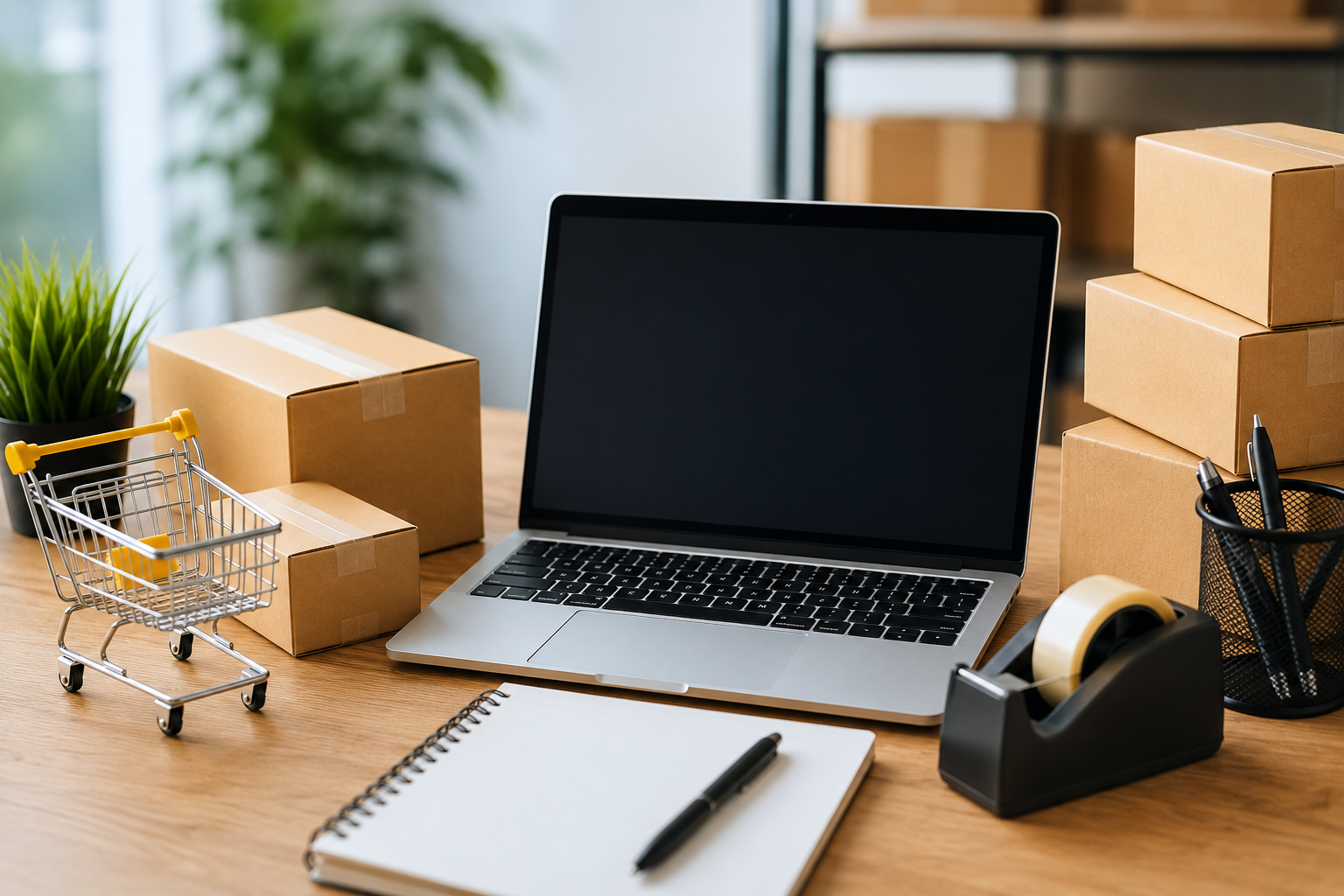 Modern ecommerce workspace with laptop, shipping boxes, packaging supplies, and shopping cart representing online business preparation and order fulfilment.