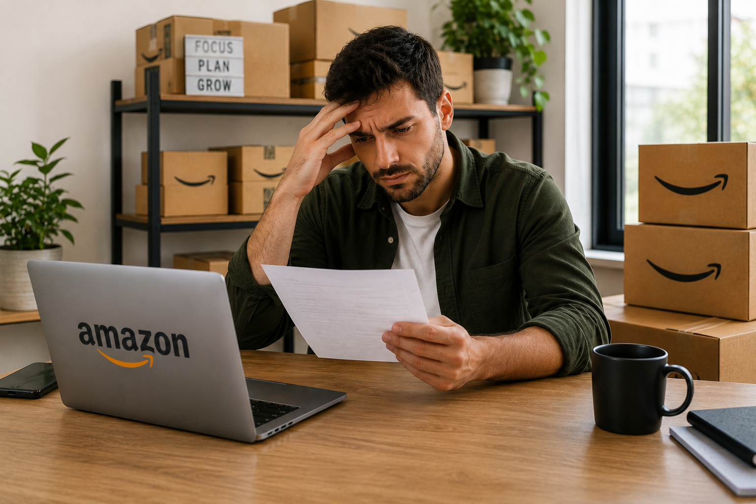 Amazon seller reviewing business documents while managing inventory and fulfilment challenges in an ecommerce workspace