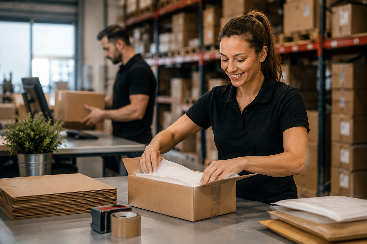 Professional warehouse team carefully packing customer orders as part of outsourced ecommerce fulfilment services.