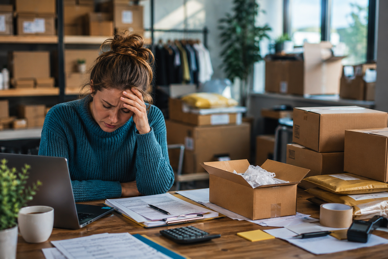 Small business owner overwhelmed by packing orders and managing fulfilment before switching to outsourced ecommerce fulfilment.
