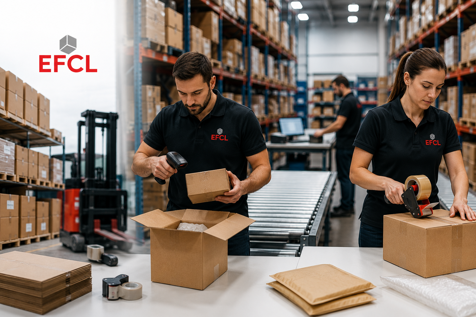 Warehouse team providing outsourced ecommerce fulfilment by picking, packing and dispatching customer orders from a modern distribution centre.
