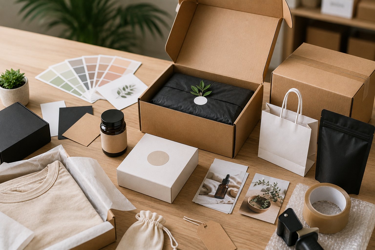 Professional ecommerce packaging with custom boxes, branded packaging materials, private label products, retail-ready packaging and product inserts on a modern workspace.