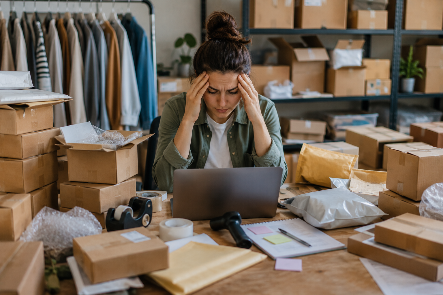 Overwhelmed ecommerce business owner surrounded by parcels before outsourcing ecommerce fulfilment to support business growth.