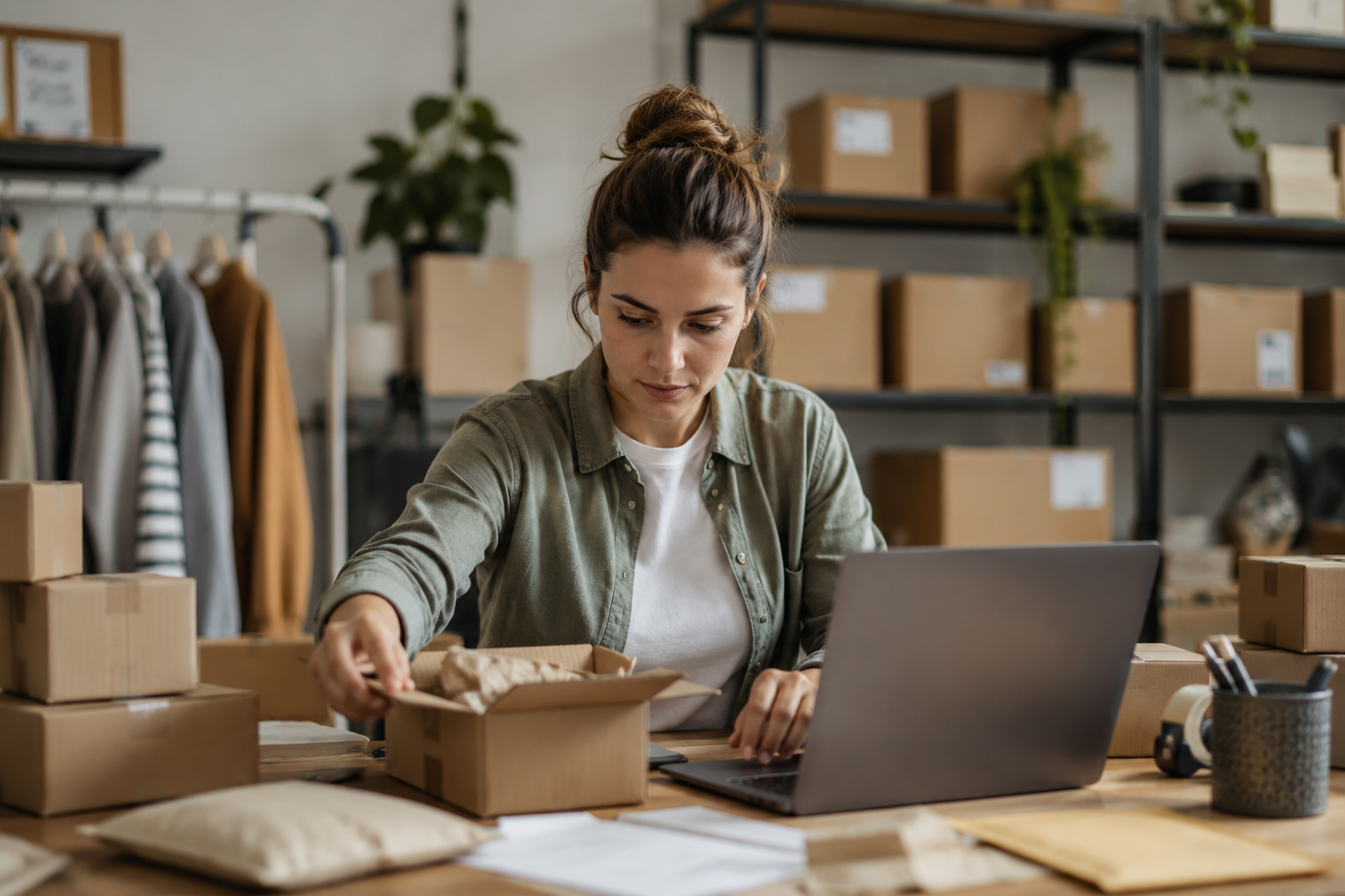 Business owner packing ecommerce orders in a small warehouse before outsourcing ecommerce fulfilment to a professional fulfilment partner.