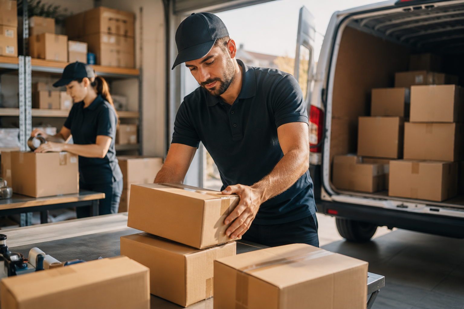 Warehouse employee scanning inventory boxes using a barcode scanner for accurate ecommerce fulfilment and real-time stock management.