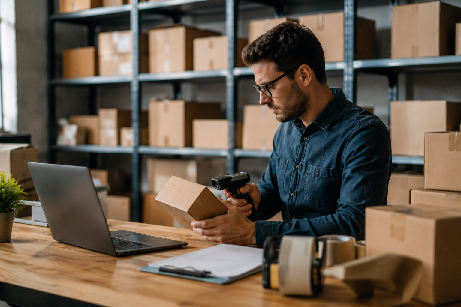 Warehouse employee scanning inventory boxes using a barcode scanner for accurate ecommerce fulfilment and real-time stock management.