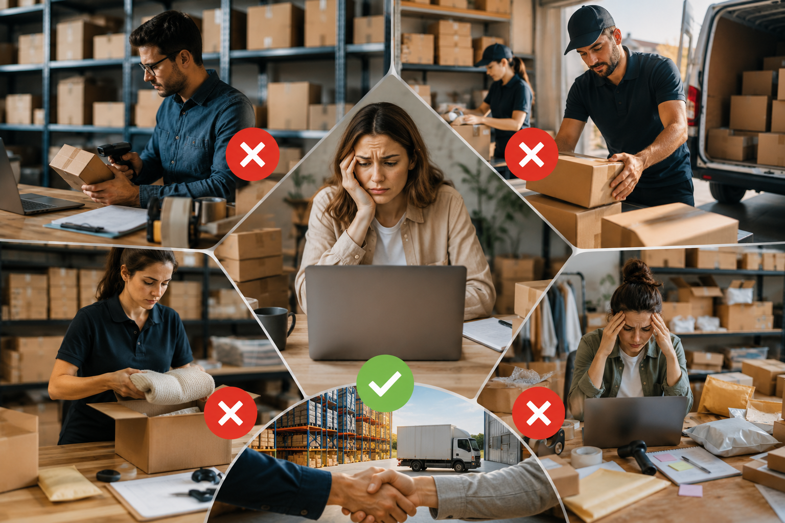 Collage showing common ecommerce fulfilment mistakes and how a professional fulfilment partner helps online stores grow efficiently.