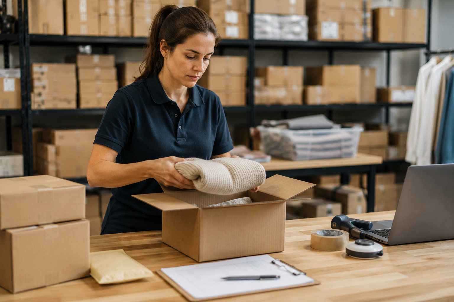 Warehouse employee inspecting and processing a returned product as part of an efficient ecommerce fulfilment returns process.
