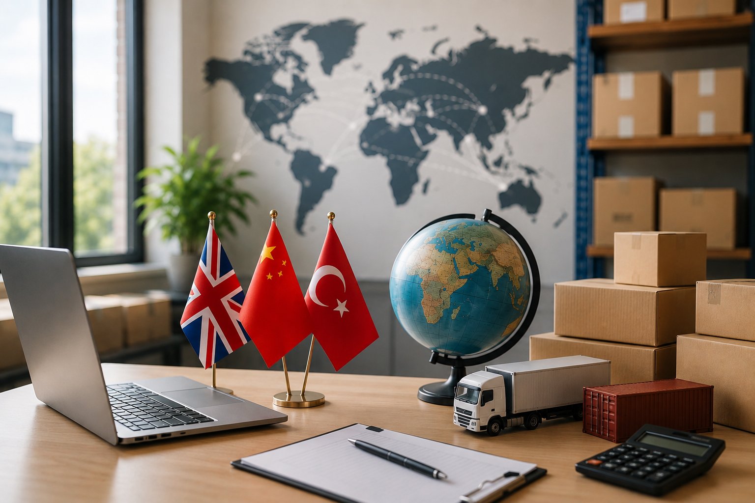 Product sourcing consultation showing UK, China and Turkey trade partnership with ecommerce fulfilment, international shipping and global logistics.