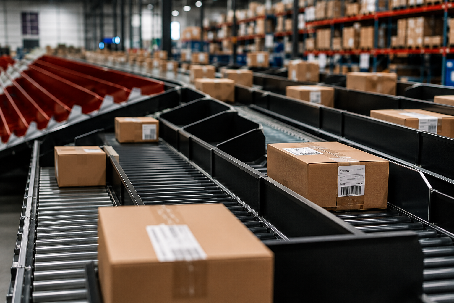 Parcel Sorting Services for Ecommerce Fulfilment | Ecommerce Fulfilment Centre Parcels moving through an automated warehouse sorting system as part of Ecommerce Fulfilment Centre's ecommerce fulfilment and dispatch process.