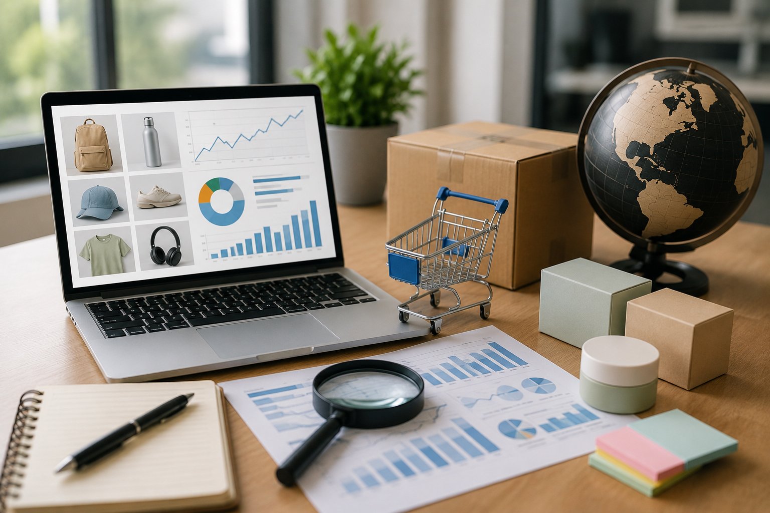 Laptop displaying product research and market analysis with ecommerce products, sales charts, packaging samples and market insight tools for online retail.
