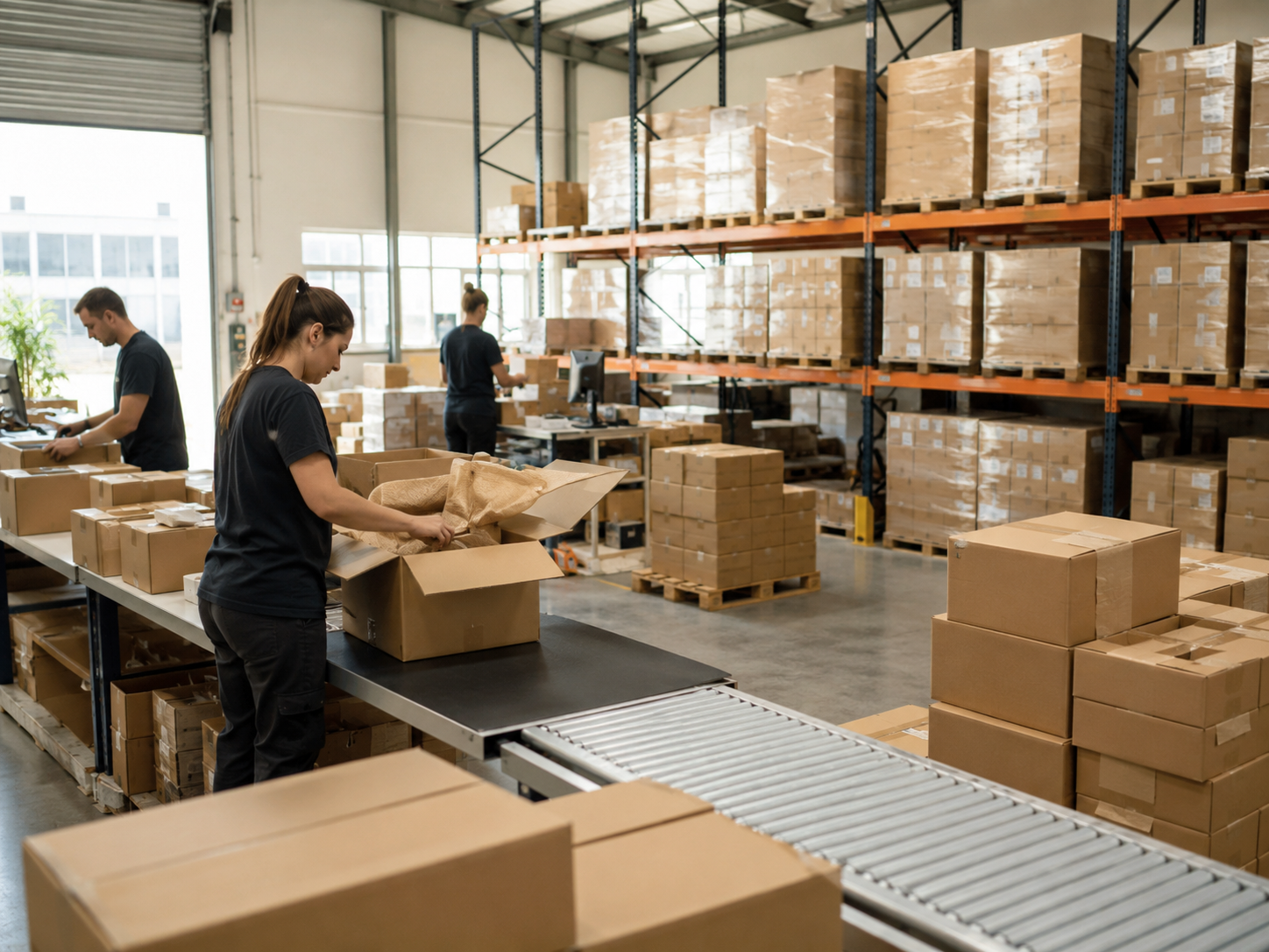 Ecommerce warehouse preparing orders with pallet storage in the background