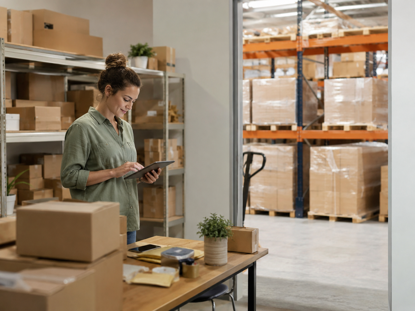 Flexible Short Term Pallet Storage for Online Businesses Online business owner managing stock with pallet storage warehouse space