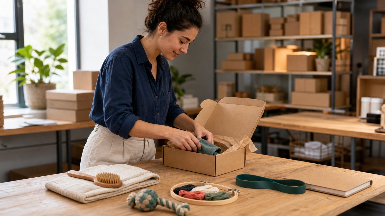 Online Shop Owner Packing Customer Orders Online shop owner packing products for ecommerce fulfilment