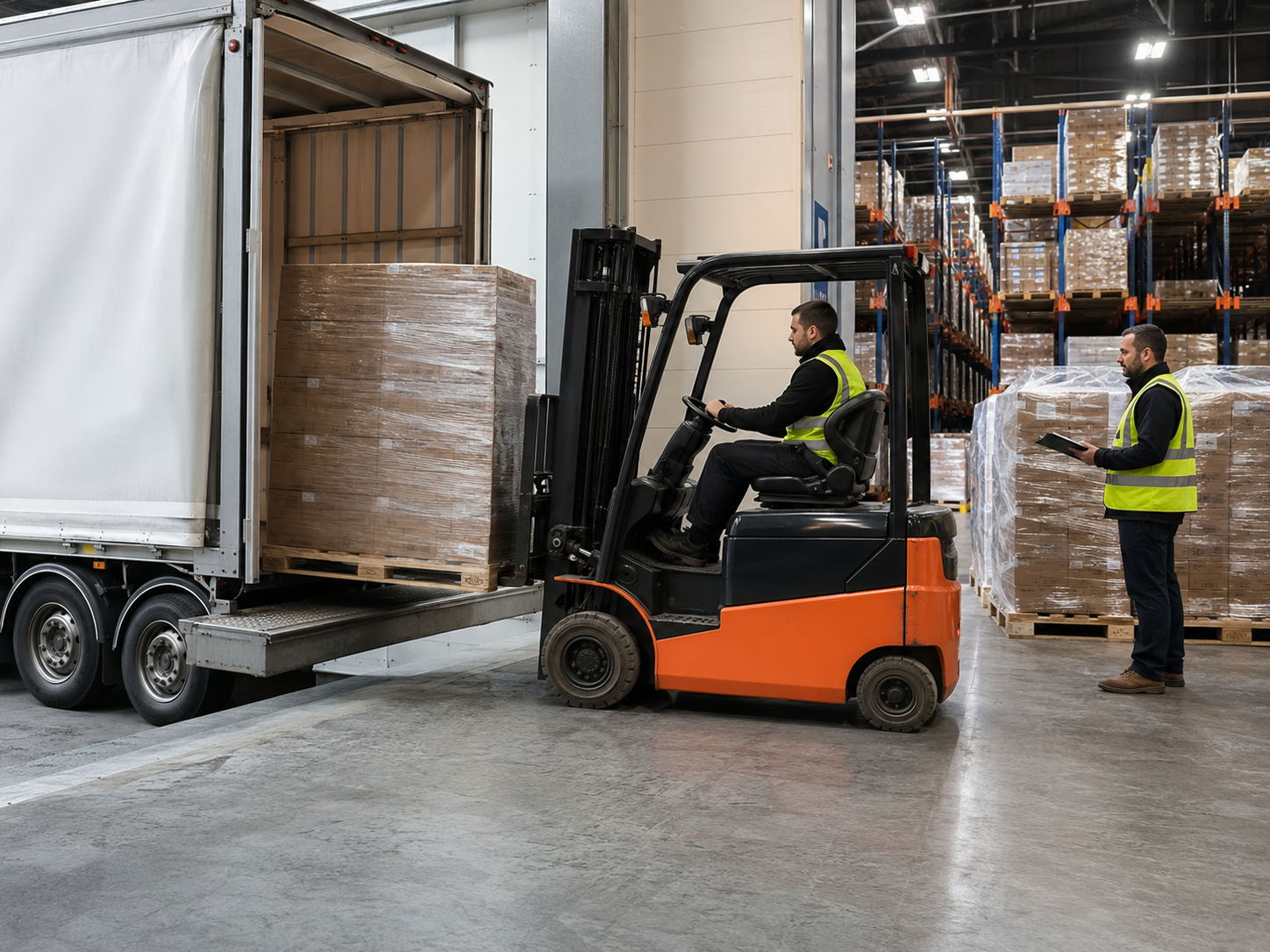 Forklift unloading palletised ecommerce stock for short term pallet storage
