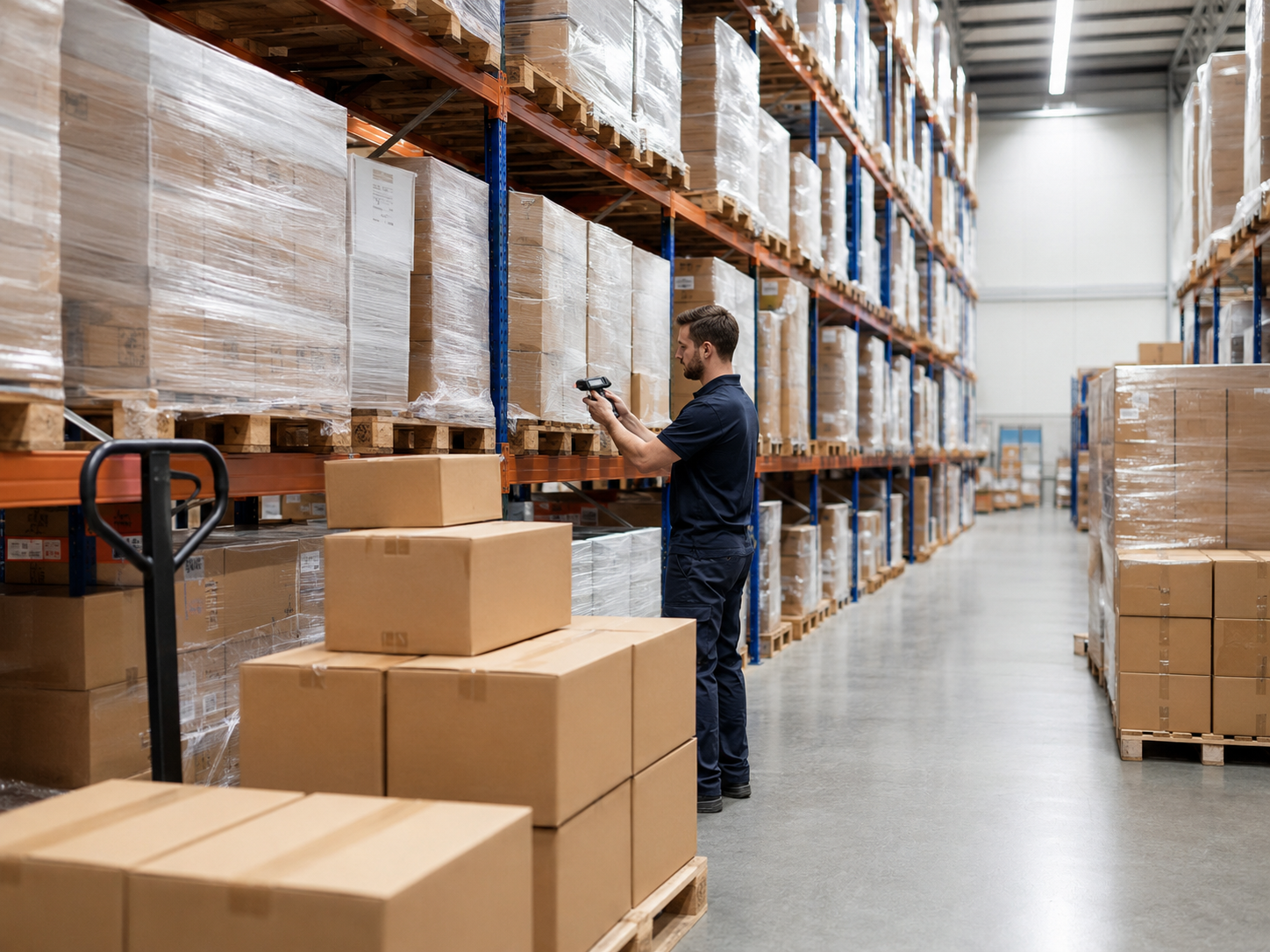 Warehouse worker scanning inventory in short term pallet storage facility